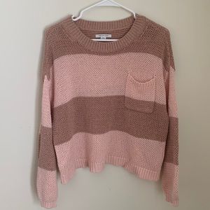 American Eagle Outfitters Tan and Pink Striped Crochet Knit Sweater
